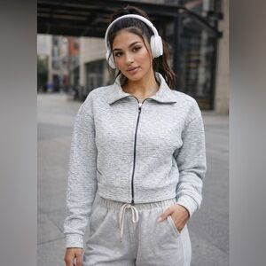 RBX Reebok Athleisure Cropped Zip Jacket Gray Speckled Sporty Chic Heather Gray